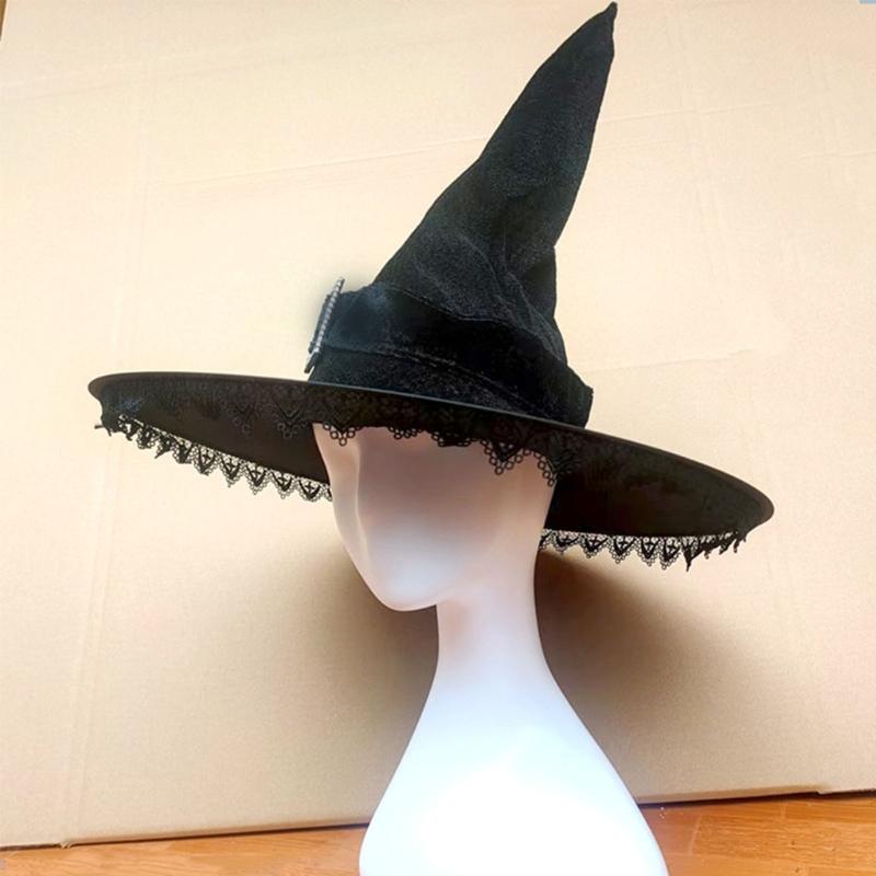 Halloween Party Velvet Witch Hats Party Wide Brim Pointed Hat Accessory Tulle Witch Hat with Lace Conjurer