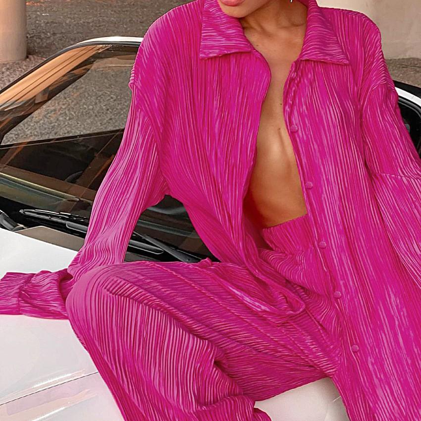 Damskie plisowane zestawy dwuczęściowe Spodnie Wiosna Lato Streetwear Koszula z długim rękawem zapinana na guziki Spodnie z prostą nogawką Luźne stroje