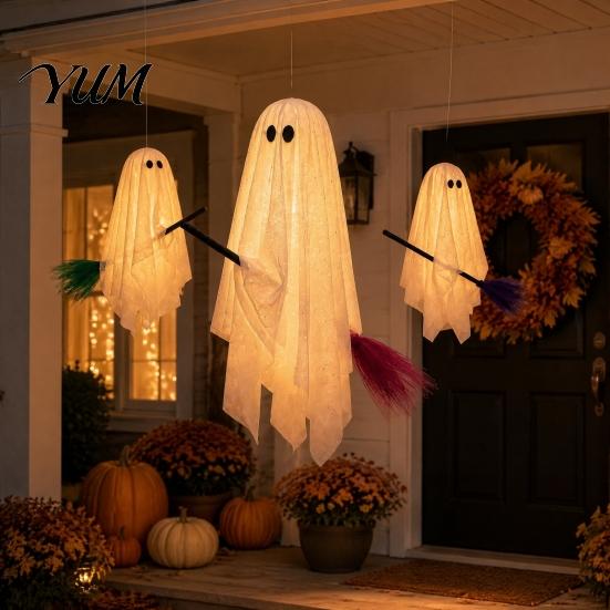 Halloween Hanging Ghost Decorations Outdoor Decoration, Large on Broom, Spooky Porch Decor Flying Gauze for Tree, Porch, Yard, Patio, Outside