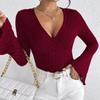 Women's Elegant Knitted Ribbed V-Neck Bell Sleeve Design T-Shirt Top