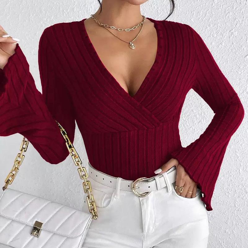 Women's Elegant Knitted Ribbed V-Neck Bell Sleeve Design T-Shirt Top