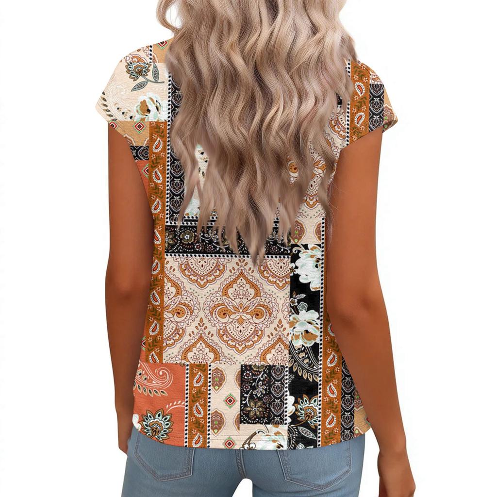 Women's Fashion V-neck Bohemian Print Short Sleeve Top