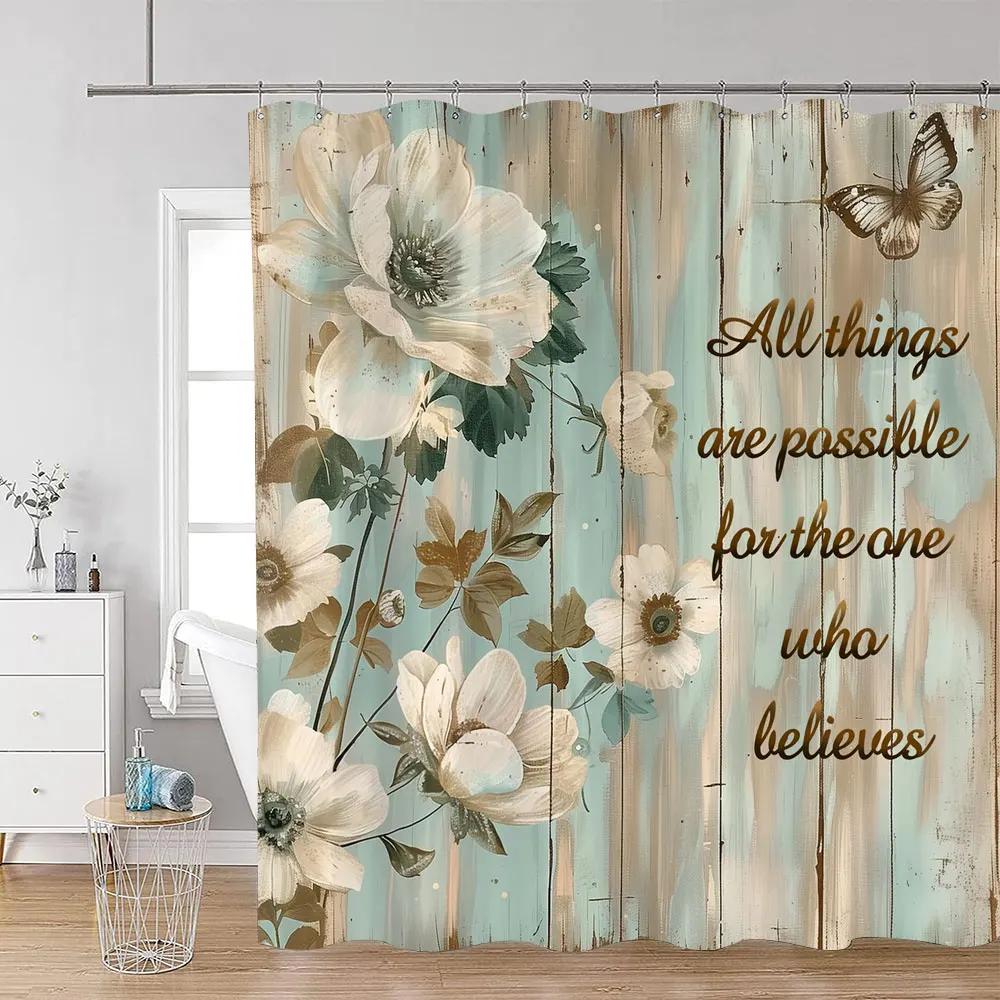 Floral Butterfly Shower Curtains Black and White Flowers Botanical Watercolour Art Modern Minimalist Bathroom Curtain Decor Sets