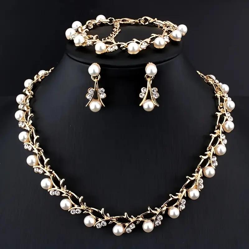 4 Pcs/set Fashion Retro Women's Zircon Set Rhinestone Artificial Zircon Wedding Party Bride Wedding Necklace Bracelet Earrings