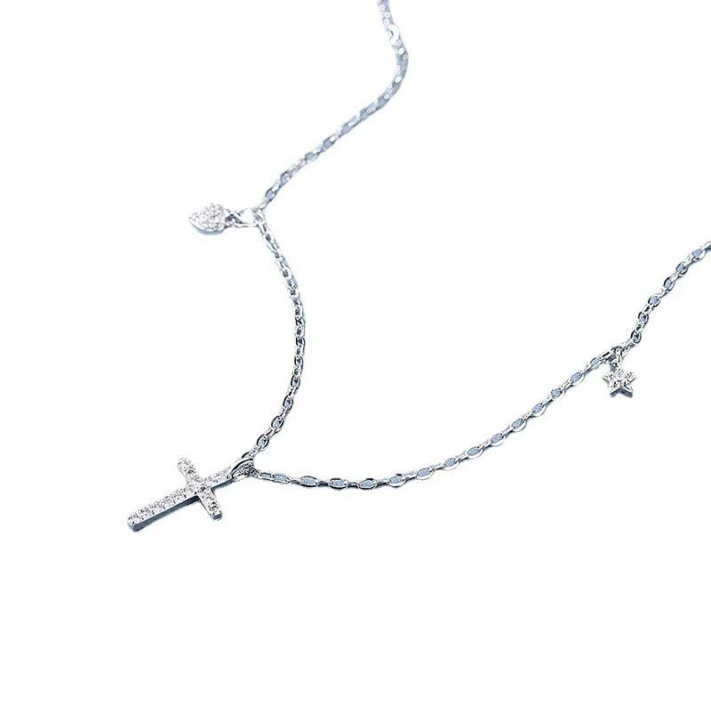 New 925 Sterling Silver Necklace Cross Shape Women Pendant Simple Personality Choker Religious Faith Accessories Fine Jewelry