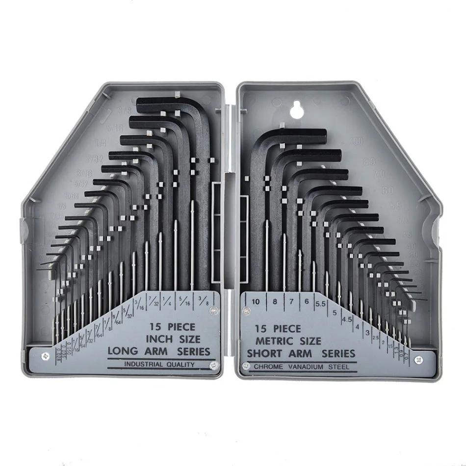 

30Pcs Hex Key Allen Wrench Set SAE Metric 0.028-3/8 Inch 0.7-10mm Long Arm Cr-V Steel Hand Tool Kit for Repair and Maintenance темно серый