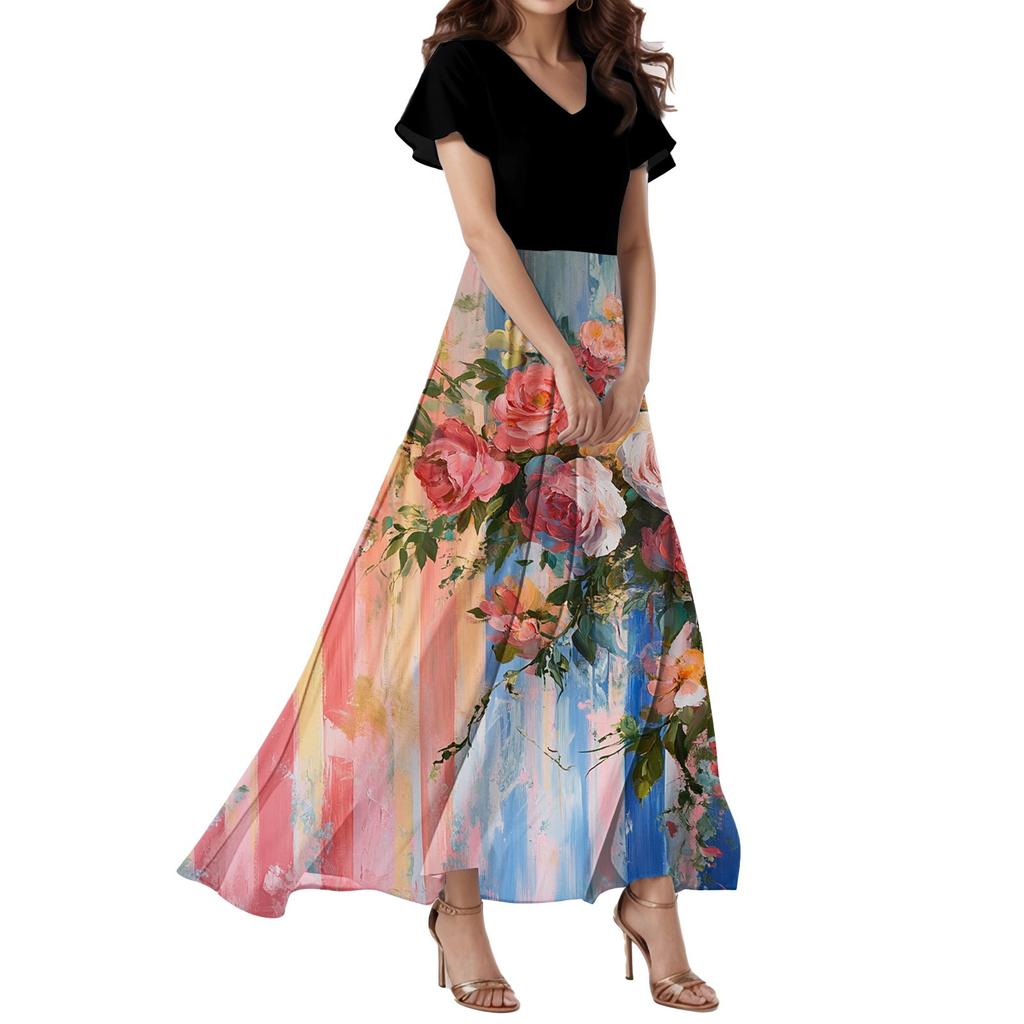 Women's Loose Casual  V-Neck Short Sleeved High Waisted Floral Print Dress Floral Print Dress