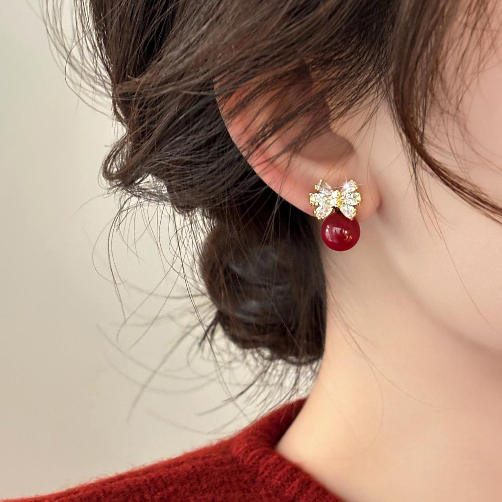 Fashion Crystal Zircon Bow Knot Stud Earrings For Women Elegant Flower Pearl Rhinestone Red Earring Party Christmas Jewelry Gift