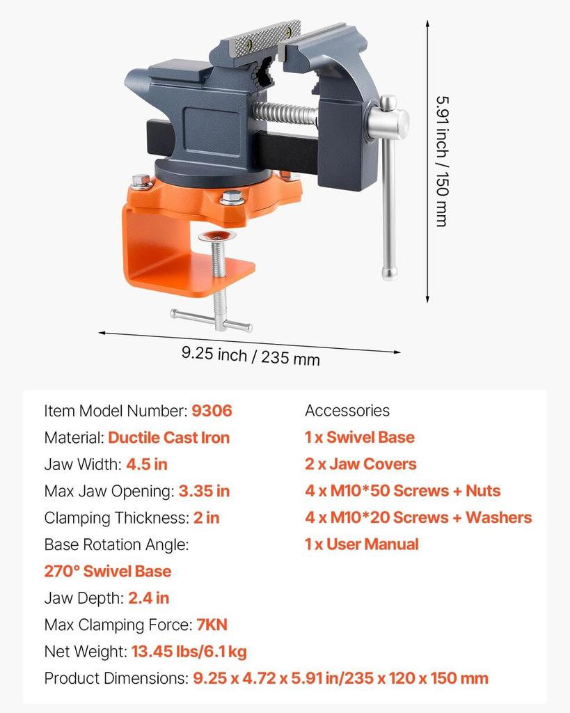 Bench Vise, 4.5 Inch, Portable Workbench Vice with 270° Swivel Base, Quick Release Rotating Bench Clamp, Cast Iron Construction, for Woodworking,