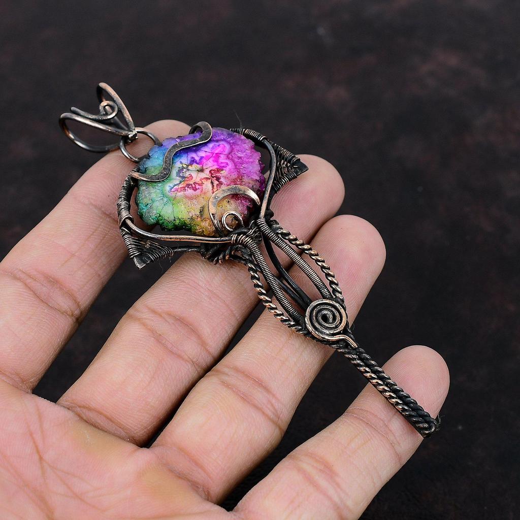 Rainbow Solar Quartz Druzy Pendant Copper Wire Wrapped Pendant Handmade Elegant Jewelry Boho Hippie Pendant Gemstone Copper Jewelry For Gift