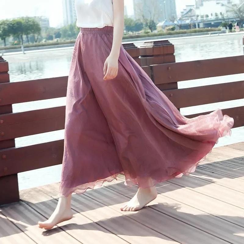 

Women Skirts Summer Elastic Waist Elegant Seaside Holiday Skirt Bohemian Long Skirt Big Skirt Chiffon Beach Skirt Femme XL темно-рожевого кольору
