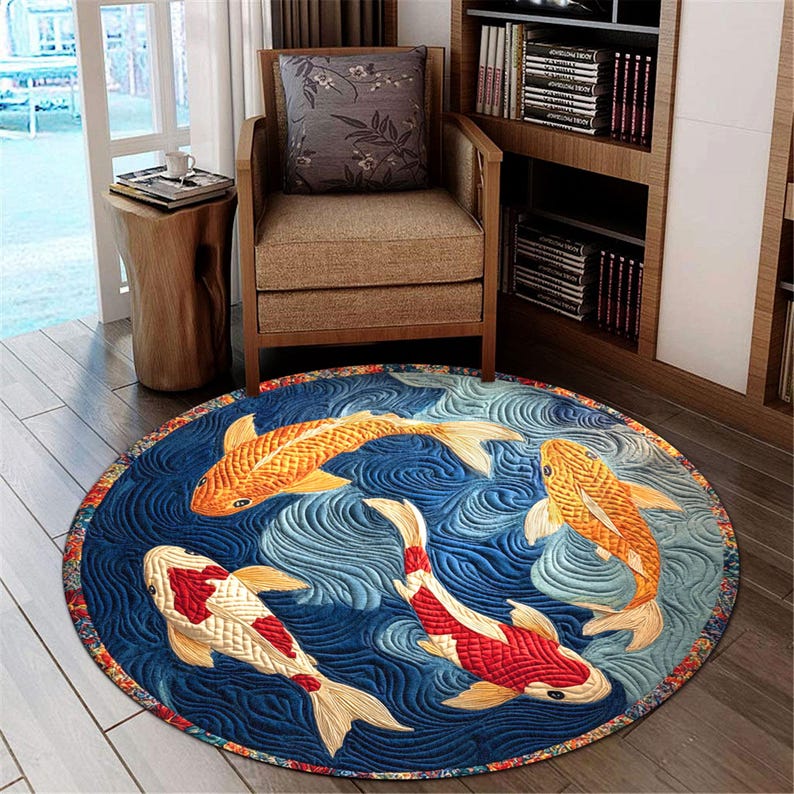 Japanese Koi Fish Round Rug, Water Wave Flannel Carpet, Zen Home Decor with Koi Pattern, Meditation Area Floor Mat