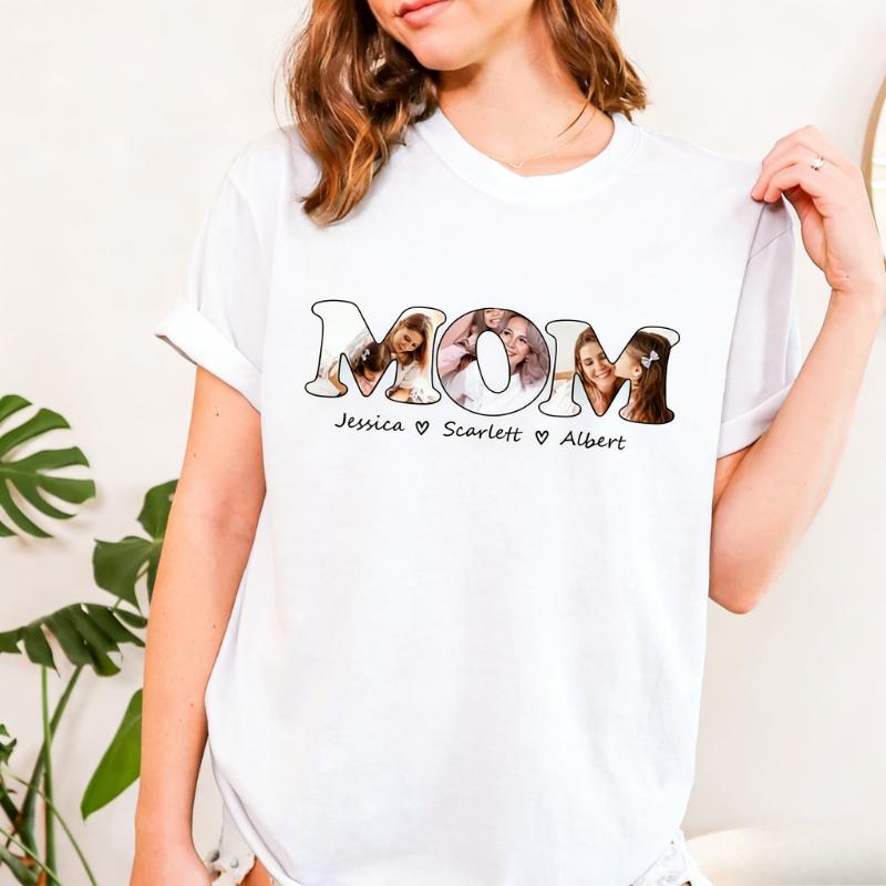 with Kids Names Unique Happy Mothers Day Gift for Family Tee Custom Photo Simple Letters Graphic Tshirts Regular Short Sleeve