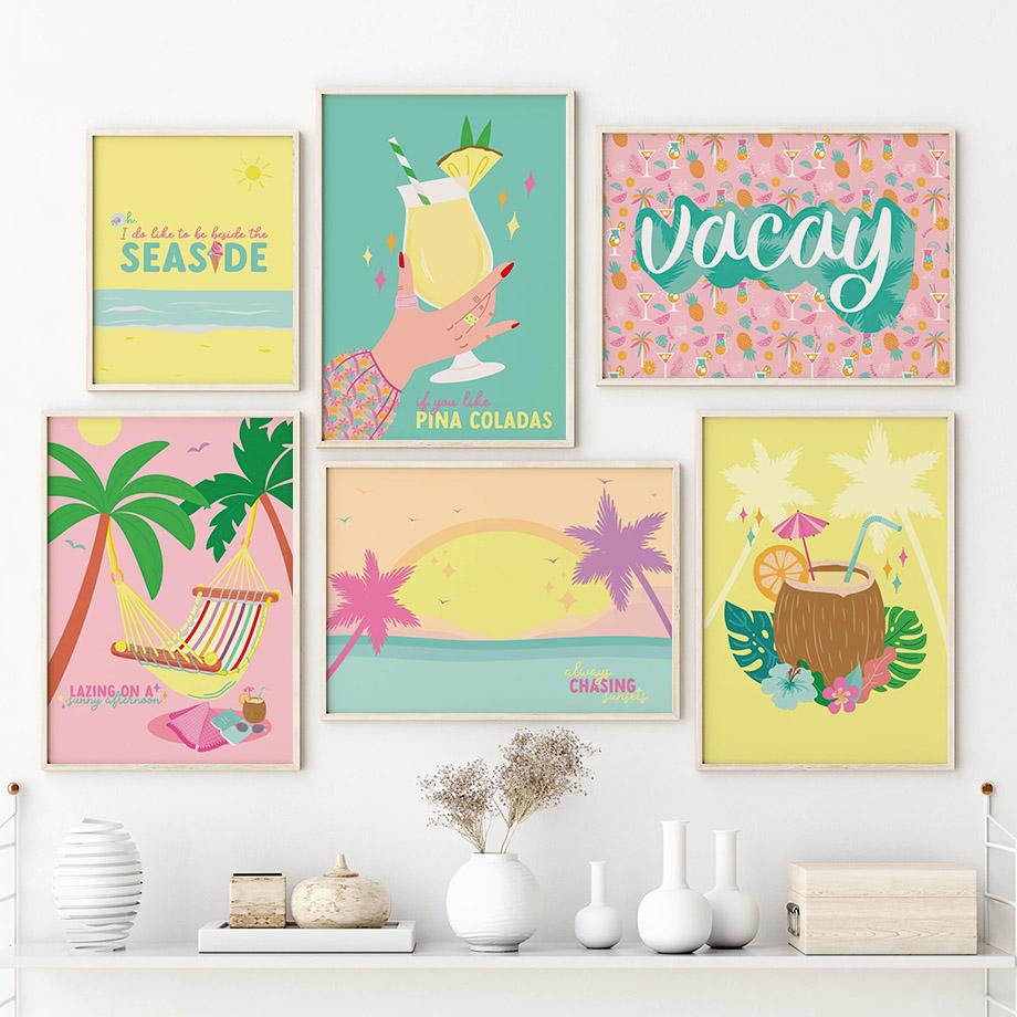 Sea Sun Coconut Tree Cocktail Summer Landscape Wall Art Canvas Painting Posters And Prints Pictures For Living Room Decoration