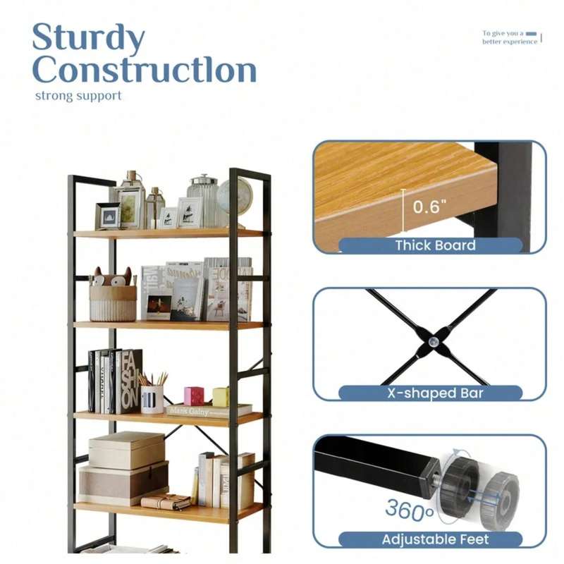 5 Tier Bookshelf, Standing Shelf, Bookcase Shelf Storage Organizer, Industrial Book Shelves For Home Office, Living Room, Kitche