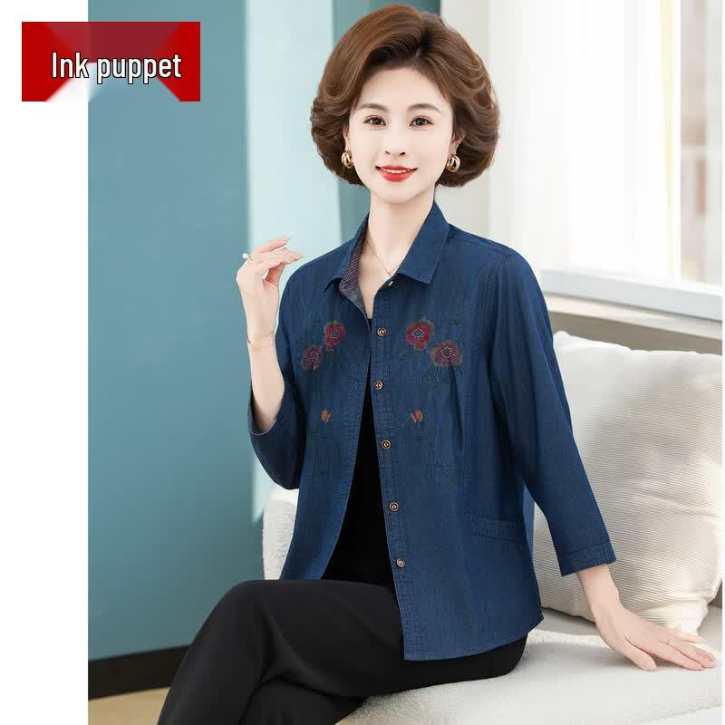 Elderly Women s Embroidered Floral Cotton Summer Blouse L
