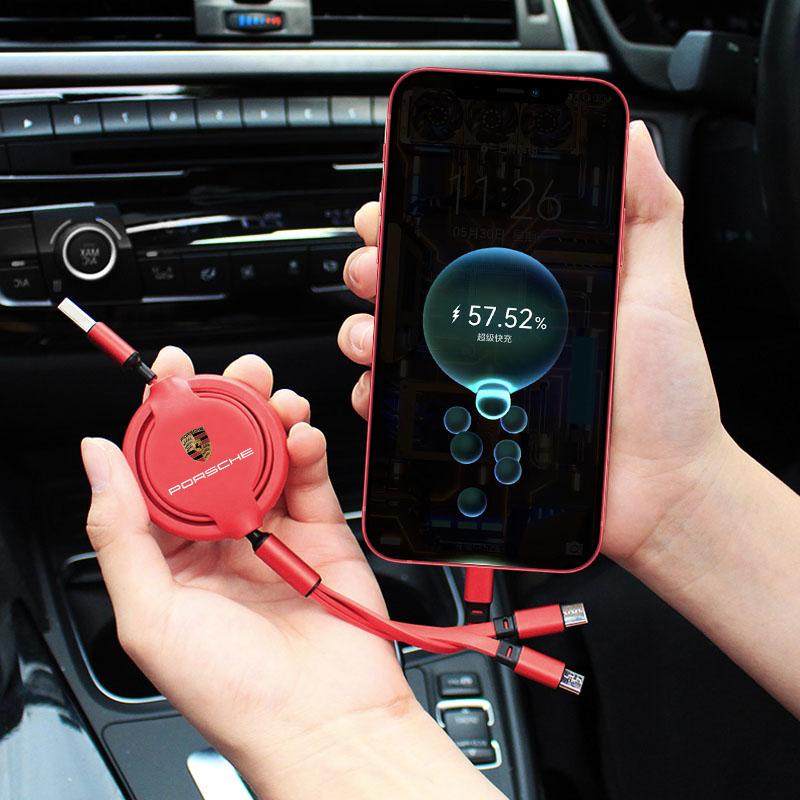 1Pcs Car Mounted Telescopic Three In One Mobile Phone Charger For Porsche 911 Cayenne Panamera Macan Boxster Carrera-GT 928 918-Spyder