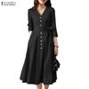 ZANZEA Women Casual V-Neck 3/4 Sleeve Loose Dress