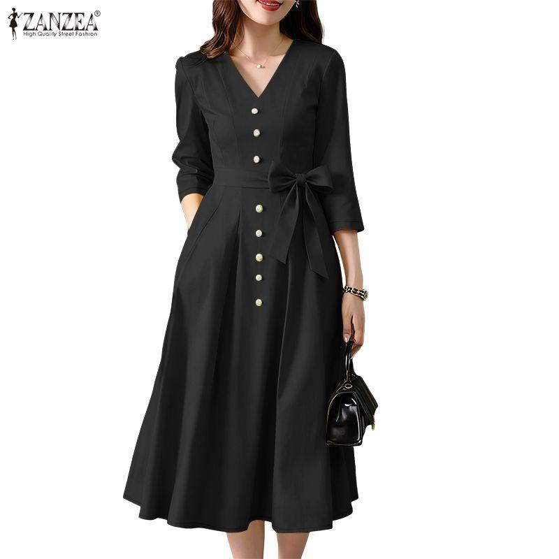 ZANZEA Women Casual V-Neck 3/4 Sleeve Loose Dress