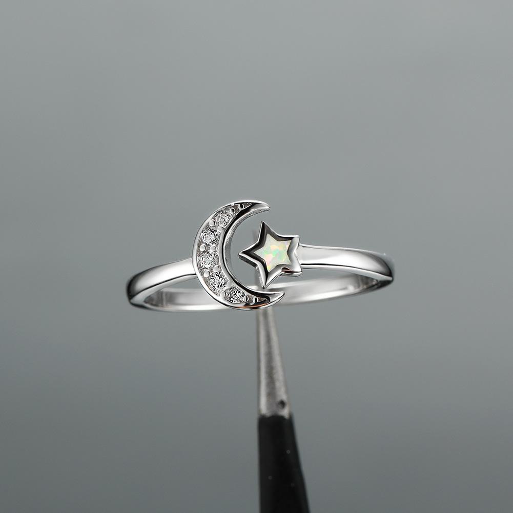 Fashionable White Star Micro Inlaid White Diamond Moon Opening Womens Versatile Ring