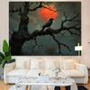 Mysterious Crow Tapestry, Black Raven on Gnarled Tree with Blood Moon Design, Bohemian Wall Art for Gothic Spaces