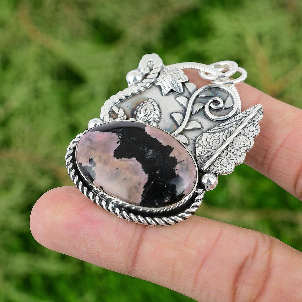 Heart Chakra Natural Rhodonite 925 Sterling Silver Anniversary Wedding Pendant