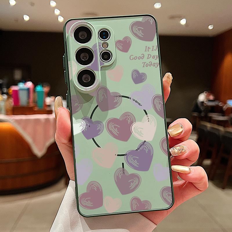 Magnetic For Magsafe Case For Samsung Galaxy S26 Ultra S25 Edge S24 Plus S23 FE S22 A54 A55 A56 5G Candy Color Love Hearts Pattern Matte Cover