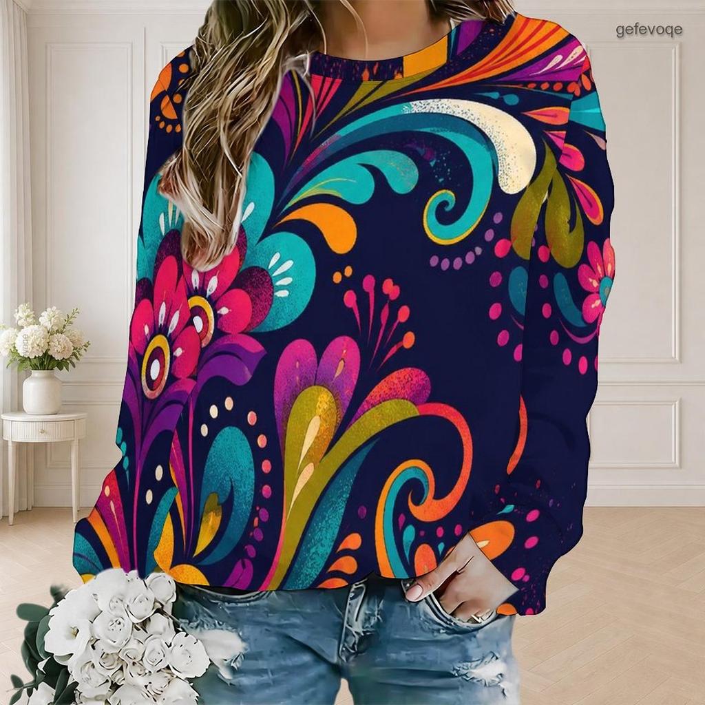 Women Plus Size Round Neck Long Sleeve Floral Printed Teal Green Ribbed Cuffs Sweatshirt