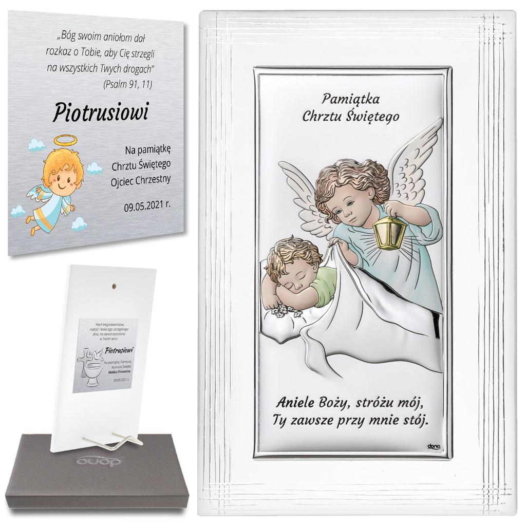 Srebrny obrazek aniołek z latarenką ozdobna ramka kolorowy pamiątka Chrztu Świętego DS01F-C 8 x 13 cm