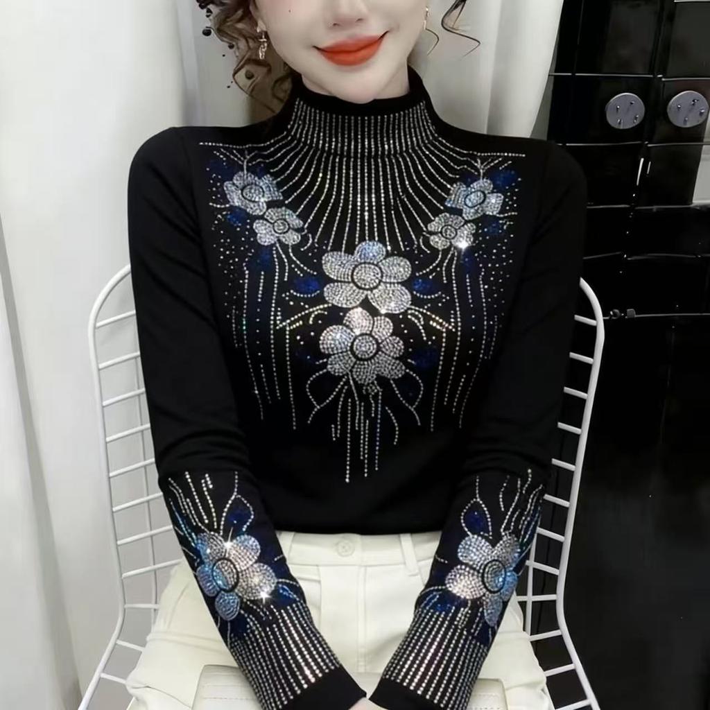 Women's Fleece-Lined Printed Base Shirt Autumn/Winter Soft Warm Slim-Fit Stretchy Rhinestone Base Shirt Top
