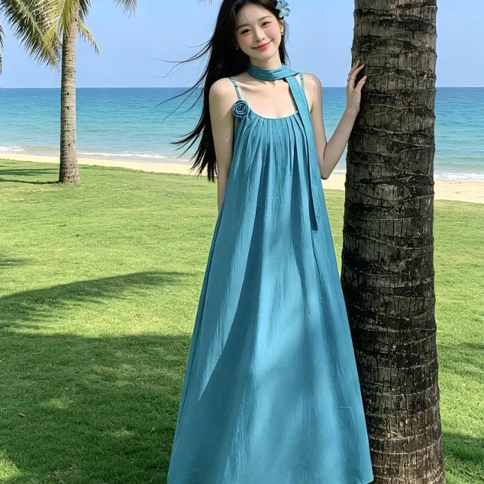Holiday style dress strap-up suspender skirt women's clothing summer temperament loose and thin A-shaped skirt blue medium and long skirt