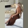 BITCED Summer Women's Elegant Halterneck V-Neck Maxi Dress Seductive Slit with Pleated Backless Design