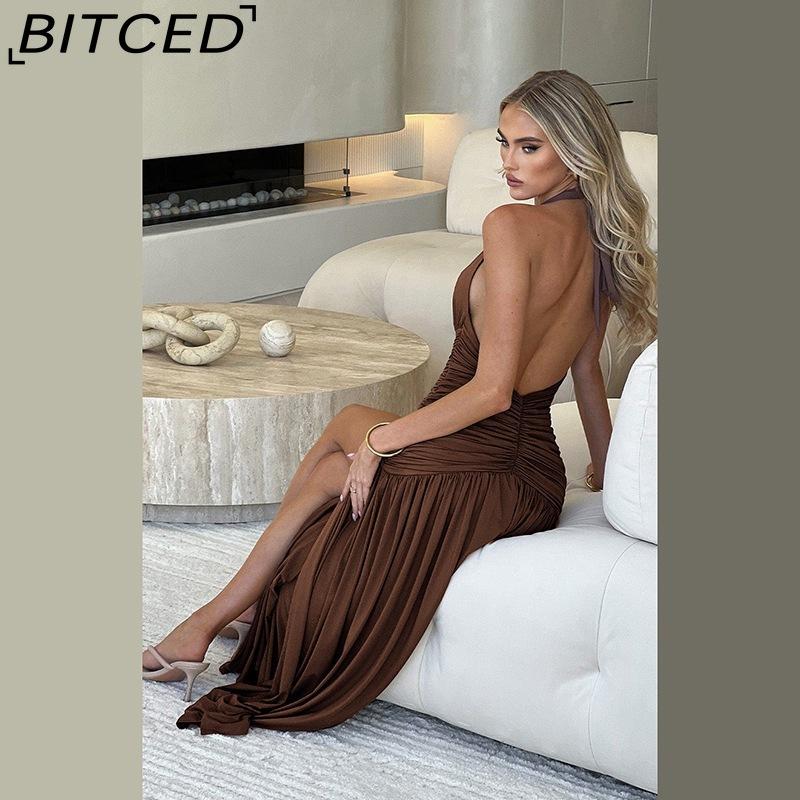 BITCED Summer Women's Elegant Halterneck V-Neck Maxi Dress Seductive Slit with Pleated Backless Design