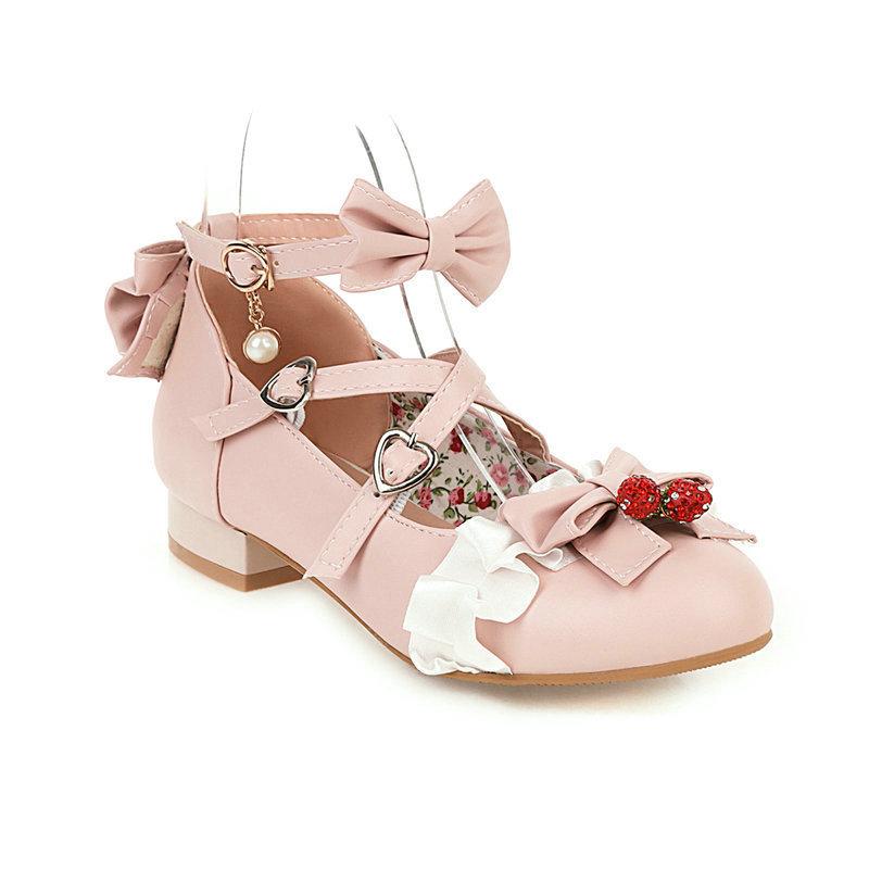 Girls Sweet Lolita Bowknot Lace Bridal Wedding Shoes Women Low-heel Princess Dress Cosplay Party Shoes Pink Plus Size 30-46