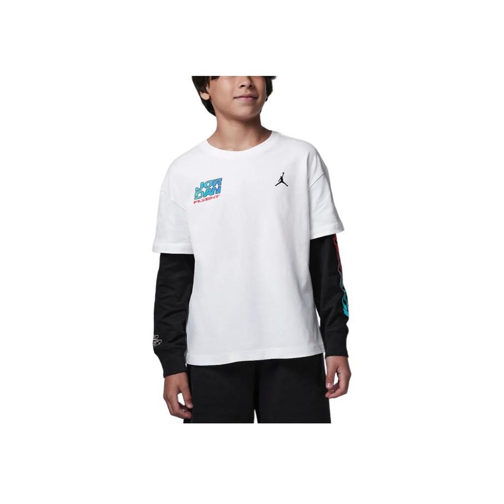 Nike Color Block Letter Print Simple Round Neck Long Sleeve T-Shirt Kids Tops White HQ7109-100