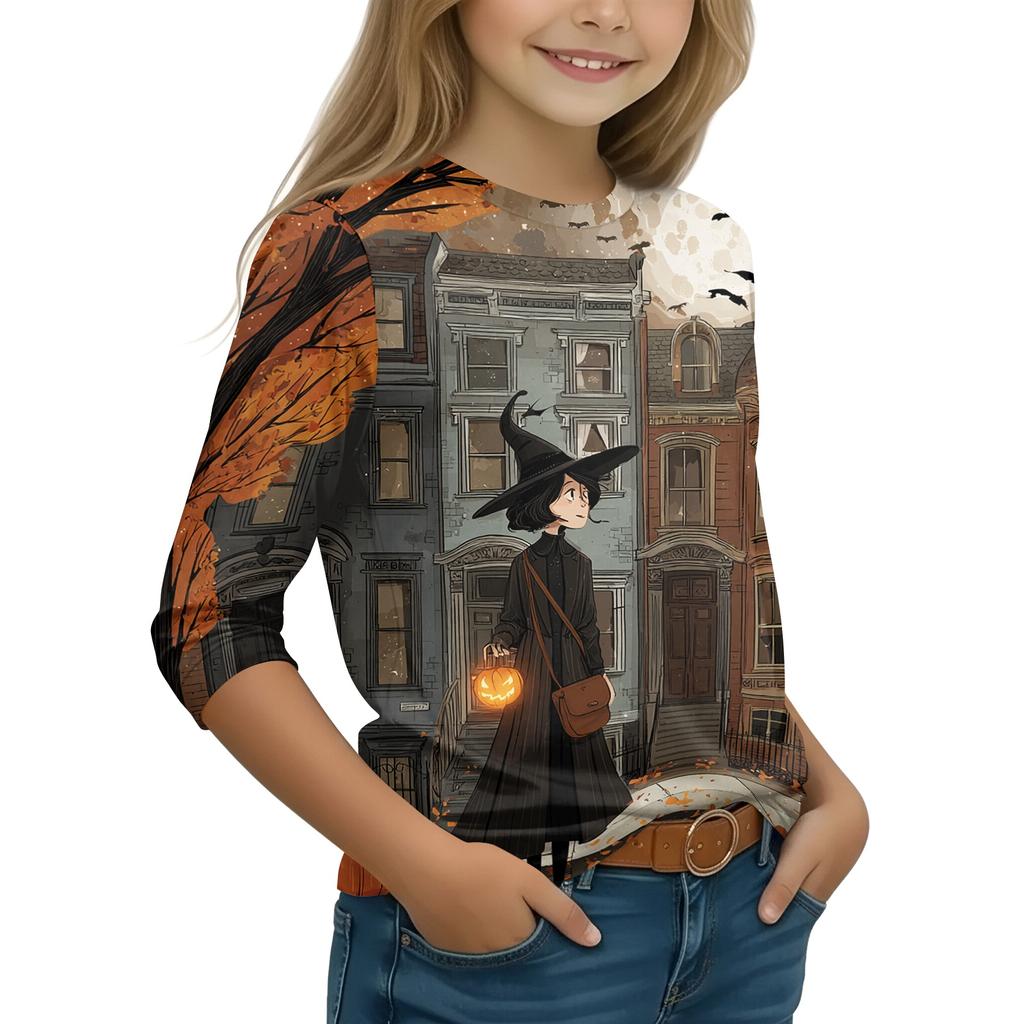 Kids Casual Long Sleeve T-Shirt with Halloween Print Round Neck for Party Costume