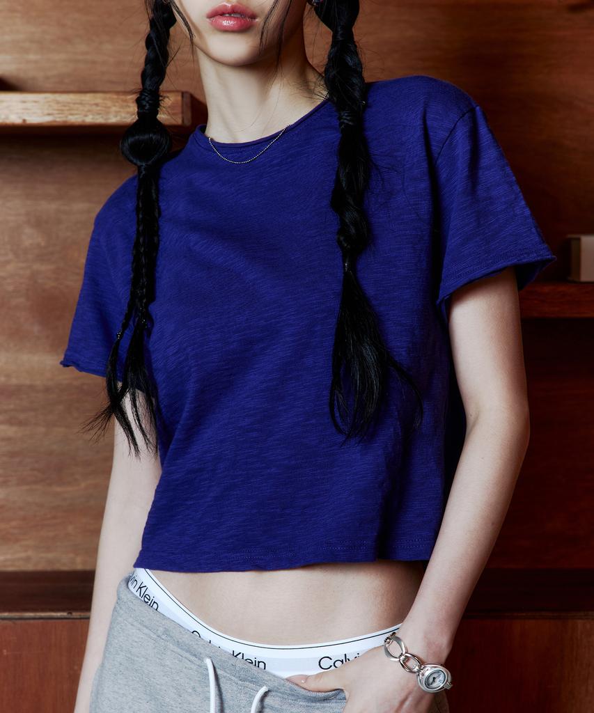 Laikeueomojeu Cutoff One-Wash Crop Short Sleeve Tee_Blue