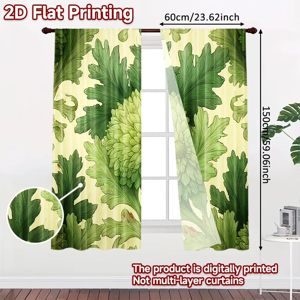 2D FLAT PRINTING 2pcs Curtains (Without Rod) Floral Green Motif Holiday Easter Printed Curtains Yarn Curtains Holiday Use for