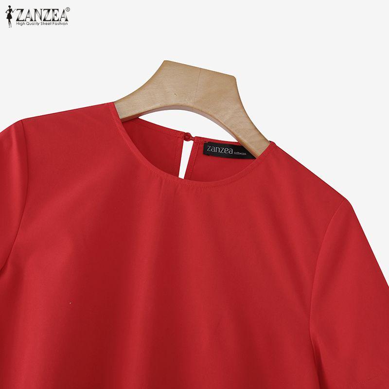ZANZEA Women Casual Round Neck Short Sleeve Asymmetrical Hem Blouse