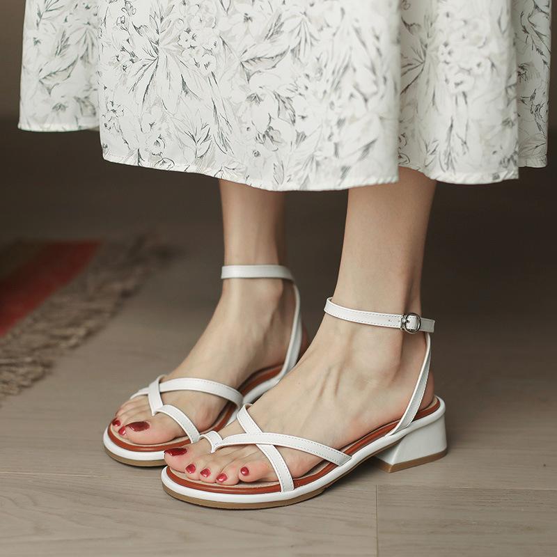 

Fashion 2025 Clip Toe Sandals Women Cross Band Summer Shoes Ladies Med-High Heels Ankle Strap Gladiator Sandalias Slingback tacones 4.5 белый