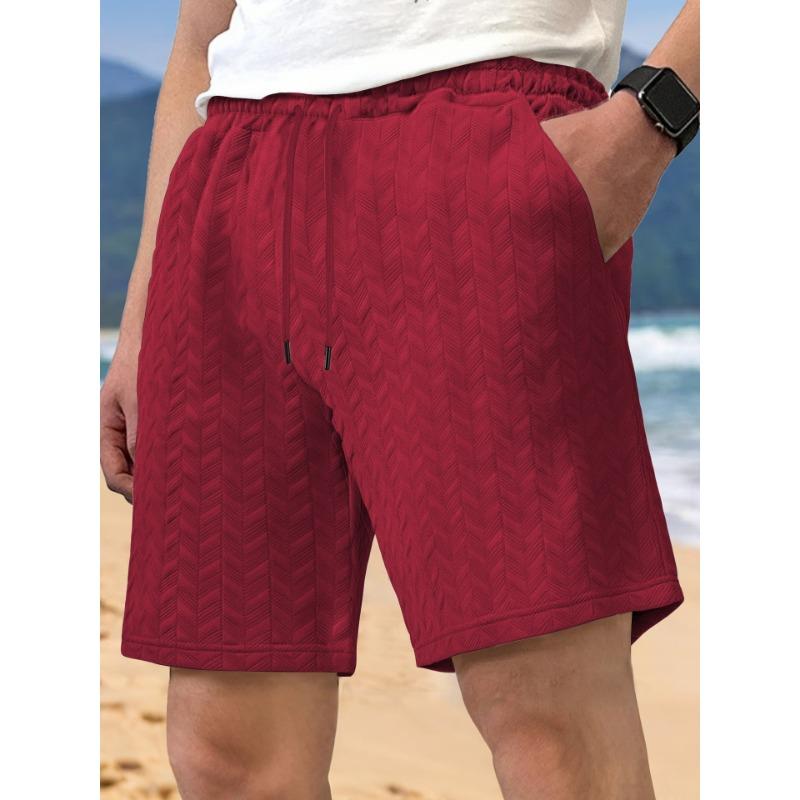 Summer Loose Solid Color Shorts Jacquard Fabric Tied Rope Men's Casual Shorts Beach Pants
