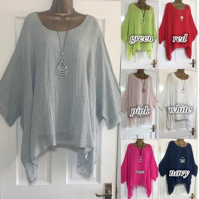 Autumn Fashion Batwing Sleeve Solid Color Plus Size Loose O-neck 3/4 Sleeve Casual Blouse Top for Women