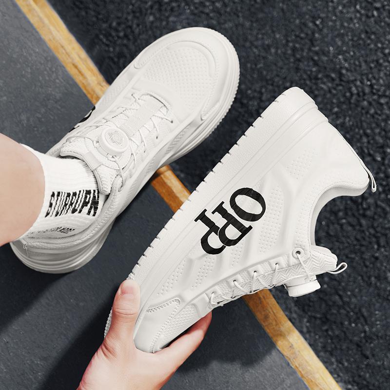 Rotary buckle men's shoes  new trend sports casual leather board shoes students thick soled small white tide shoes