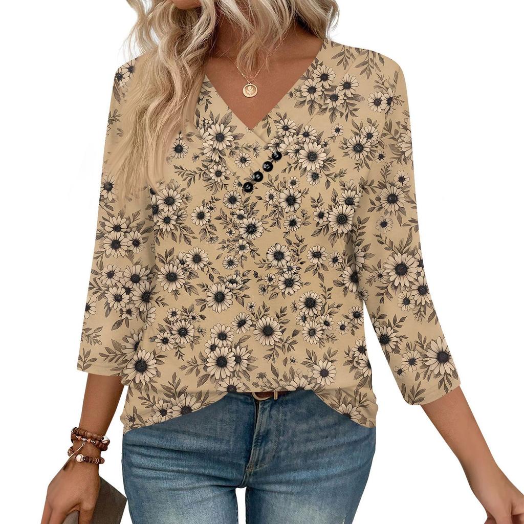 Women's Print Top Button-down V-neck T-shirt 3/4 Sleeve Loose Fashion Top