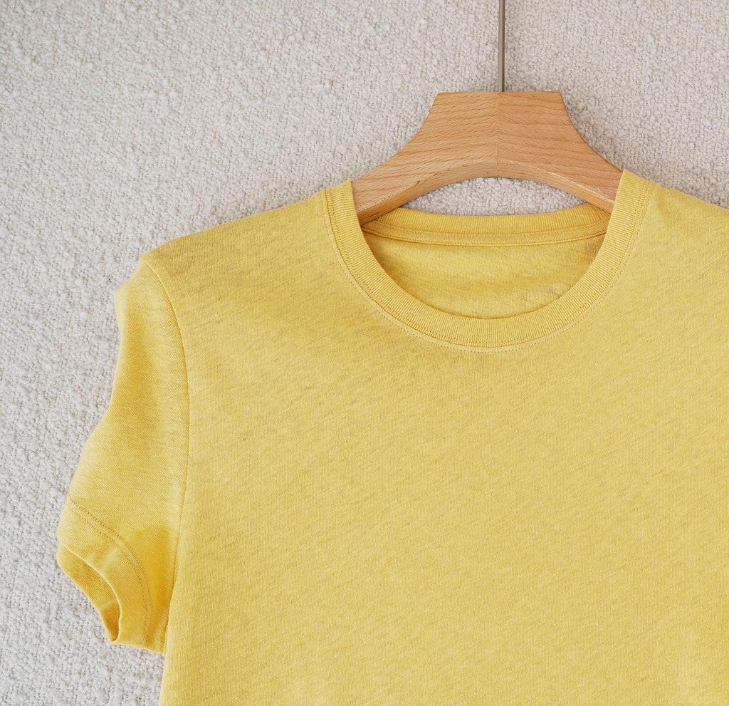 Women's Slim Fit Round Neck Short-Sleeve T-Shirt in Creamy Goose Yellow with Soft Bamboo Linen Cotton Blend