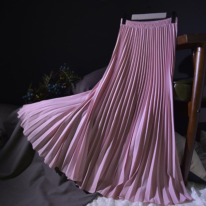 Women Summer Solid Long Dress Elastic Waist Pleated Boho Beach Maxi Skirt