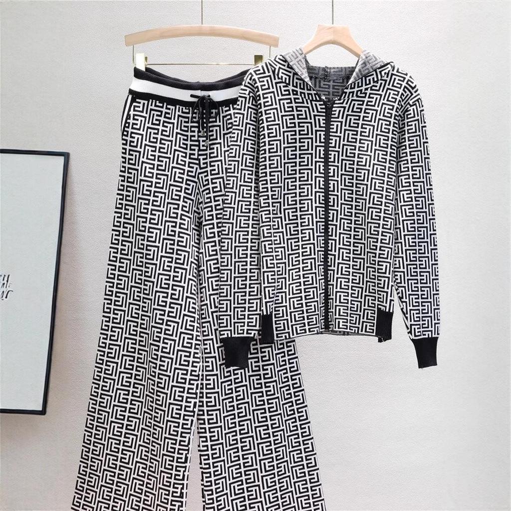 European & American Women's Hooded Jacket & Wide-Leg Pants Knit Two-Piece Set for Spring & Autumn