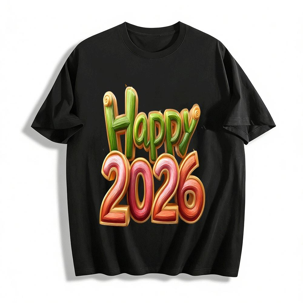 Happy 2026 New Year Printed Casual Crew Neck Short Sleeve T-Shirt Pure cotton T-shirt XXS