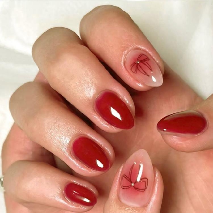 

Pack Of 30 Short Almond Artificial Nail Gradient With Bowknot Press on Nail Full Cover Stick on Nail for Women Girls 1