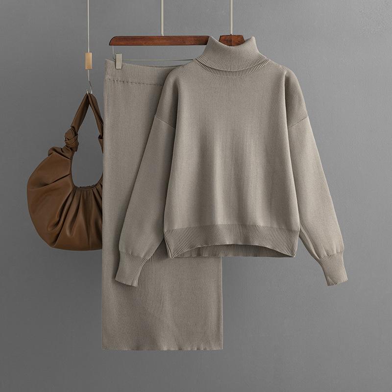 Knitted Set Women's Autumn And Winter Solid Color High Neck Sweater Half Skirt Two Piece Set